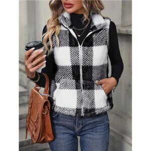Buffalo Plaid Pattern Zipper Teddy Vest Jacket